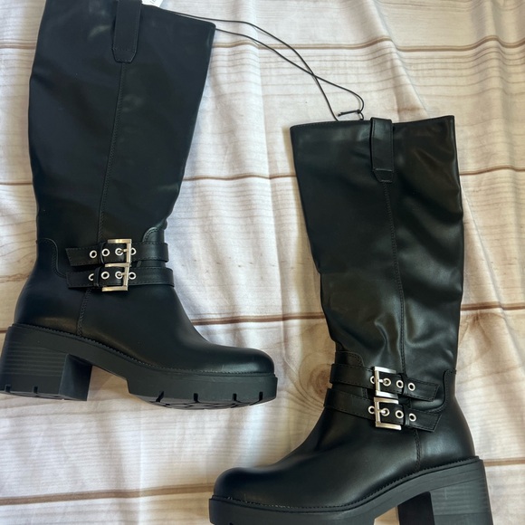 New Black Leather Buckle Boots Y2K chunky block Arizona 8.5 - Picture 1 of 4